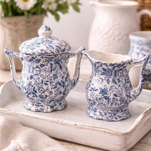 Blue White Floral Creamer Sugar Bowl Set Cottagecore Farmhouse Vintage Style